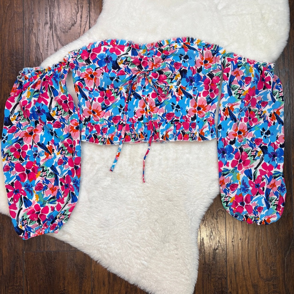 Pink Lily Crop Top Large Blue Pink Floral Off Shoulder Smocked Long Sleeve Women